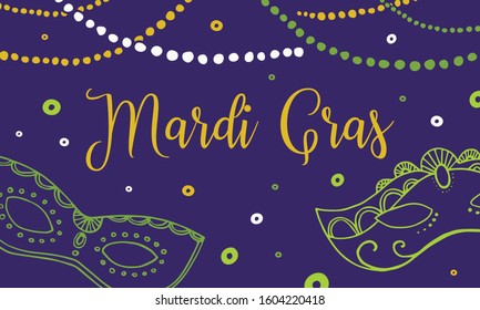 Mardi Gras design template. Composition with masks, beads and title. Vector hand drawn illustration on purple background