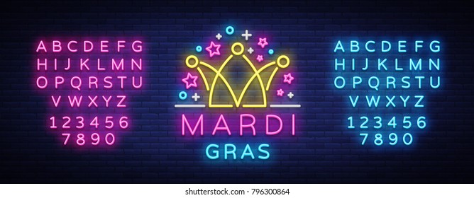 Mardi Gras design template for greeting cards, flyers, greeting. Fat Tuesday is a festive illustration in neon style, neon sign, holiday symbol, bright luminous banner. Vector. Editing text neon sign