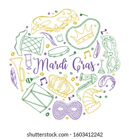 Mardi Gras design template. Round composition with beads, masks, feathers, crowns, music instruments and decorations. Colorful vector outline hand drawn sketch illustration on white background