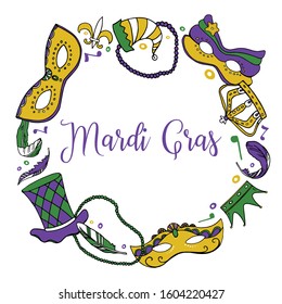 Mardi Gras design template. Round frame with masks, beads; feathers; hats; crowns and decorations. Colorful vector sketch illustration on white background