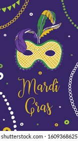Mardi Gras design template. Vertical composition with mask and decorations. Vector hand drawn color illustration