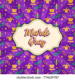 Mardi Gras design with traditional colors and background pattern with carnival icons