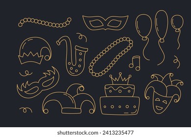 Colección de oro de la colección Mardi Gras Doodle. Conjunto de elementos de diseño de festividad de Stroke editable. Sombrero de arpillera de contorno de carnaval, abalorios, masque de carnaval, pastel de rey, saxofón.