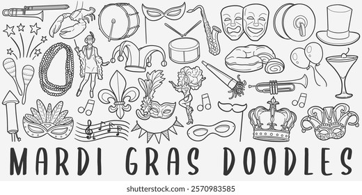 Mardi Gras Doodle Icons. Hand Made Line Art. Carnival Party Clipart Logotype Symbol Design.