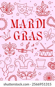 Mardi Gras doodle pink poster. Carnival masks and party decorations. Hand drawn vector illustration 