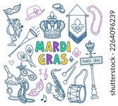 Mardi Gras doodle set. Carnival masks and party decorations. Hand drawn vector illustration isolated on white background. Outline stroke is not expanded, stroke weight is editable
