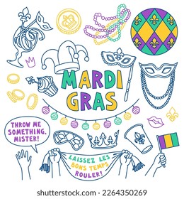 Juego de doodles Mardi Gras. máscaras de carnaval y decoraciones de fiestas. Ilustración vectorial dibujada a mano aislada en fondo blanco. El contorno no se expande, el peso del trazo se puede editar