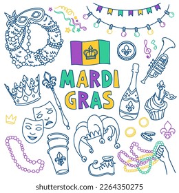 Juego de doodles Mardi Gras. máscaras de carnaval y decoraciones de fiestas. Ilustración vectorial dibujada a mano aislada en fondo blanco. El contorno no se expande, el peso del trazo se puede editar