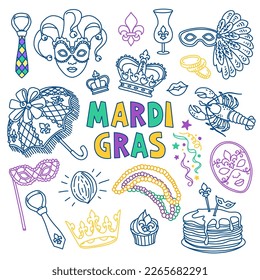 Mardi Gras doodle set. Carnival masks and party decorations. Hand drawn vector illustration isolated on white background. Outline stroke is not expanded, stroke weight is editable