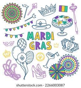 Juego de doodles Mardi Gras. máscaras de carnaval y decoraciones de fiestas. Ilustración vectorial dibujada a mano aislada en fondo blanco. El contorno no se expande, el peso del trazo se puede editar