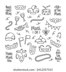 Mardi Gras Doodle Set with Hand Lettering. Editable Stroke Festive Design Elements Collection. Carnaval Outline Harlequin Hat, Beads, Carnival Masque, Flags, Drum.