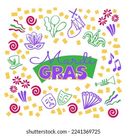 Mardi Gras doodle set for poster, party invitation, banner or flyer