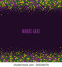 Mardi gras dotted pattern with space for text. Colorful dots of various size on the dark purple background. Vector abstract background EPS10.