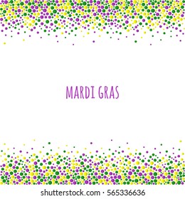 Mardi gras dotted pattern with space for text. Colorful dots of various size on the white background. Vector abstract background EPS10.