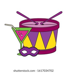 Mardi gras drum cocktail and mask design, Party carnival decoration celebration festival holiday fun new orleans and traditional theme Vector illustration