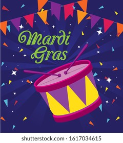 Mardi gras drum design, Party carnival decoration celebration festival holiday fun new orleans and traditional theme Vector illustration