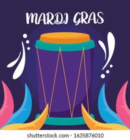 Mardi gras drum with feathers design, Party carnival decoration celebration festival holiday fun new orleans and traditional theme Vector illustration