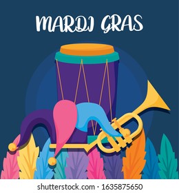 Mardi gras drum hat and trumpet design, Party carnival decoration celebration festival holiday fun new orleans and traditional theme Vector illustration