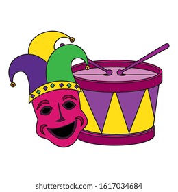 Mardi gras drum and mask design, Party carnival decoration celebration festival holiday fun new orleans and traditional theme Vector illustration