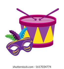 Mardi gras drum and mask design, Party carnival decoration celebration festival holiday fun new orleans and traditional theme Vector illustration