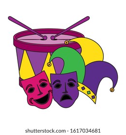 Mardi gras drum and masks design, Party carnival decoration celebration festival holiday fun new orleans and traditional theme Vector illustration