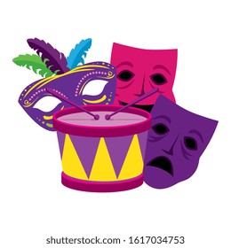Mardi gras drum and masks design, Party carnival decoration celebration festival holiday fun new orleans and traditional theme Vector illustration