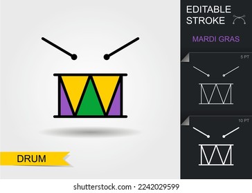 Mardi gras drum. Outline icon with editable stroke. Linear Mardi Gras Symbol with shadow