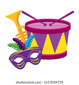 Mardi gras drum trumpet and mask design, Party carnival decoration celebration festival holiday fun new orleans and traditional theme Vector illustration