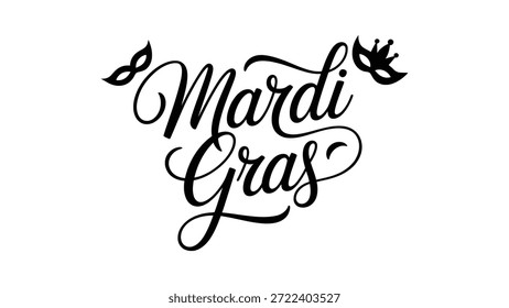 Mardi Gras elegante kalligraphische Typografie-Illustration mit dekorativer Schrift-Beschriftung und Karnevalssymbolen, die festliche Feier und kulturelles Feiertagsdesign darstellen