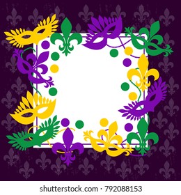 Mardi gras. Elegant frame. Place for your text. Carnival masks, beads, confetti, fleur de lis. Shrove Tuesday, Fat Tuesday