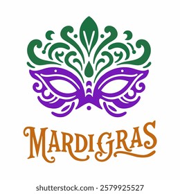 Mardi Gras. Elegant mask with decorative ornaments, festival bright colors. Icon, clipart for website, holiday, travel, festival application. Mardi Gras party invitation. Vector flat illustration.