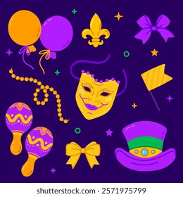 Mardi Gras elements with balloons, fleur-de-lis, beads, hat, mask, and decorative items