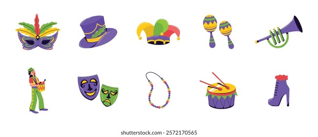 Mardi Gras Elements Featuring Masks, Instruments, Costumes, and Accessories for Festive Celebrations. Mardi Gras Collection