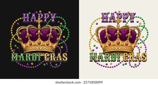 Mardi Gras emblem with golden imperial crown with red gemstones ruby, fleur de lis sign on points, intertwined interlaced strings of beads, text. Holiday composition in vintage style.