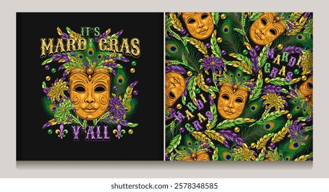 Mardi Gras emblem with golden venetian face mask with feathers, beads, glossy text. Seamless pattern with mask, scattered feathers, beads. Vintage style