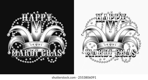 Mardi Gras emblem with jester harlequin tomfool hat, intertwined interlaced strings of beads, text. Holiday composition in vintage style.