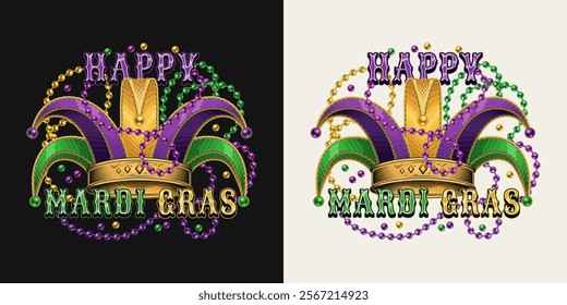 Mardi Gras emblem with jester harlequin tomfool hat, intertwined interlaced strings of beads, text. Holiday composition in vintage style.