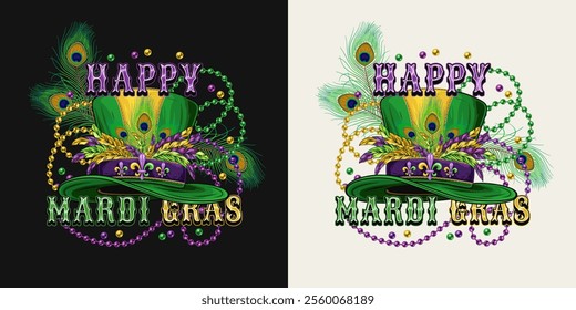 Mardi Gras emblem with tall top hat with belt, fleur de lis pins, bunch of colorful feathers, intertwined interlaced strings of beads, text. Holiday composition in vintage style.