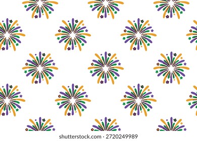 Mardi Gras. Endless background with vibrant tricolor firework explosions and sparkles. Bright holiday texture perfect for carnival night party themes festive posters and dynamic digital decor.