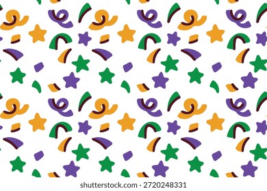 Carnaval. Fondo festivo interminable con serpentinas y estrellas caídas coloridas en colores tradicionales del carnaval. Perfecto para papel de regalo navideño, textiles para fiestas o fondos digitales vibrantes.