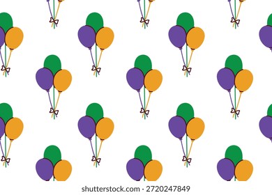 Carnaval. Textura navideña interminable con vibrantes globos de helio en colores púrpura, verde y dorado para el papel y el diseño de envoltura de carnaval.