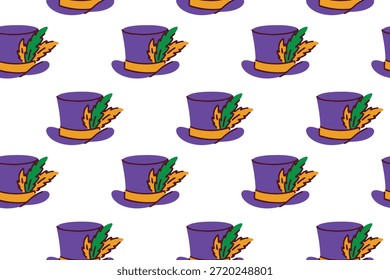 Mardi Gras. Endless holiday texture showing purple top hats with feathers and gold ribbons. Sophisticated carnival headwear design for party invitations festive textiles and gift packaging.