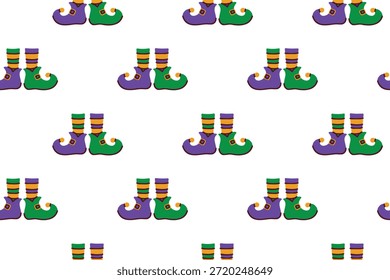 Mardi Gras. Endlessly repeating jester shoes with bells in traditional carnival colors. Whimsical footwear design suitable for playful holiday textiles, kids party supplies, or festive wrapping paper.