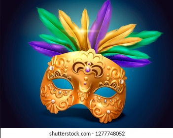 Mardi gras exquisite golden mask design with colorful feathers in 3d illustration