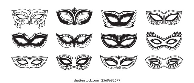 Mardi Gras eye mask elements set, isolated sign, symbol or icon. Black masquerade masks, for party, festival, parade and carnival, for Mardi Gras and Halloween. Set of carnival masks silhouettes. 