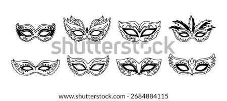 Mardi Gras eye mask set, can be used as isolated sign, symbol or icon. Black masquerade masks, for party, parade and carnival, for Mardi Gras, Halloween, Christmas. Set of carnival masks silhouettes. 