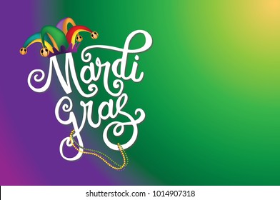 Mardi Gras (fat Tuesday) background with hand drawn lettering wearing a jester hat and beads. EPS10 vector illustration.