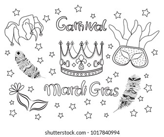 Mardi Gras. Fat Tuesday. Carnival. Collection Mardi Gras. King's crown, fleur de lis, mask with feathers, stars, joker, comedy and tragedy. Set icons vector. Hand made design element.