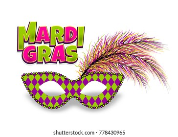Mardi Gras - Fat Tuesday carnival carnival in a French-speaking country. Comic book text cartoon vector illustration pop art. Realistic colored texture mask feather. Isolated white background.