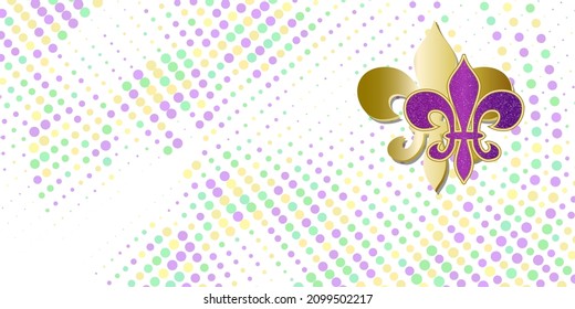 Mardi Gras Fat Tuesday. Colorful scattered paper confetti, beautiful Fleur-de-Lis lily symbols on white. Design for Carnival, Mardi Gras, Holiday decoration. Great for posters, header, website. Vector